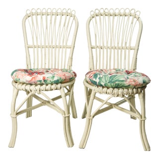 White Wicker Accent Chairs With Floral Cushions a Pair For Sale