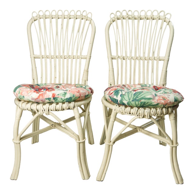 White Wicker Accent Chairs With Floral Cushions a Pair For Sale