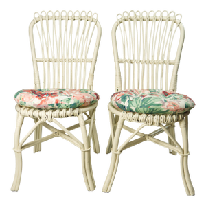 White Wicker Accent Chairs With Floral Cushions a Pair
