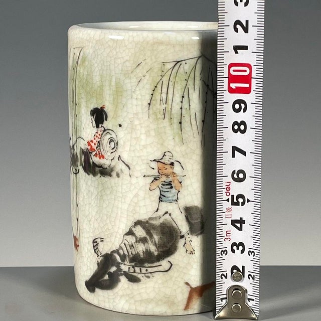 Chinese Crackle Glaze Porcelain Brush Pot With Herding Scene For Sale - Image 3 of 8