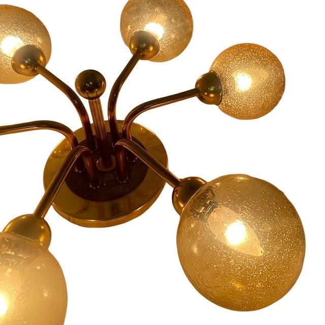 Beige Mid Century Modern / Atomic Age Sputnik Pendant Lamp with 6 Patterned Glass Shades from VEB Germany For Sale - Image 8 of 11