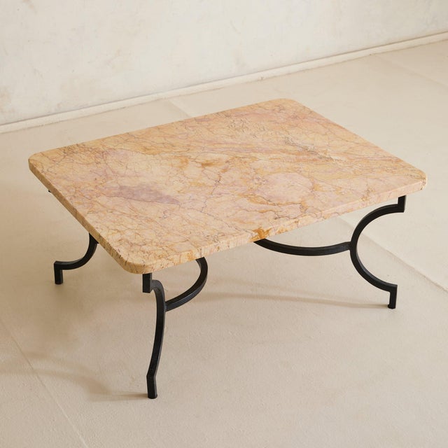 Modern French Hand-Forged Wrought Iron + Ochre Marble Coffee Table, 1950s For Sale - Image 3 of 11