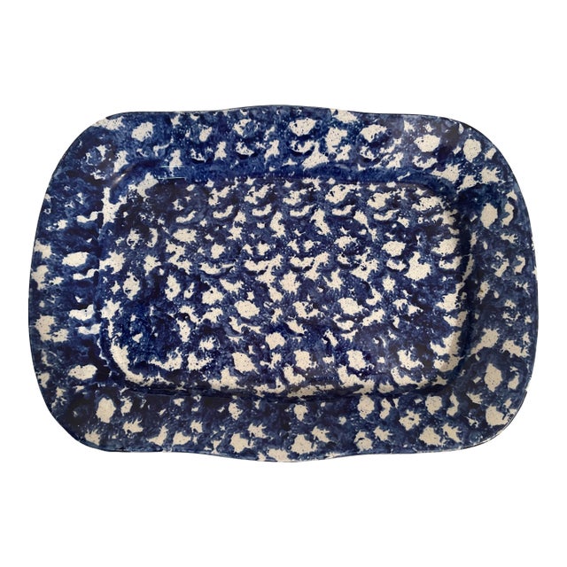 19th C. Antique Spongeware Blue and White Platter For Sale