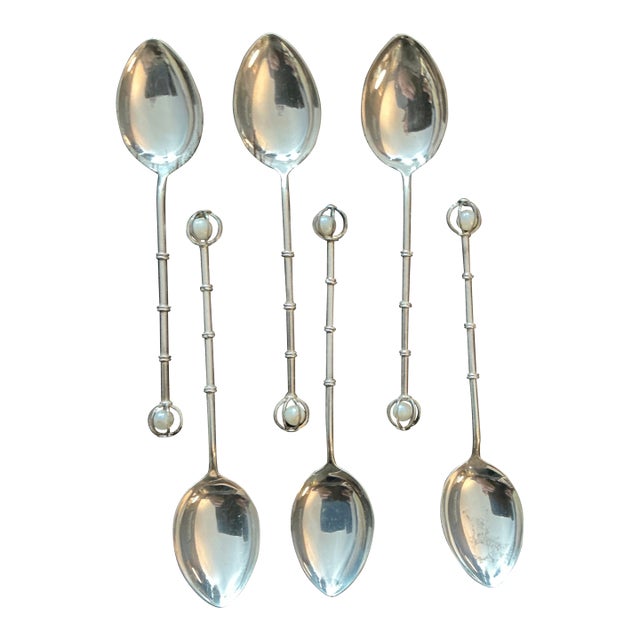 1950s Japanese Sterling Silver Teaspoons With Pearl Finials For Sale