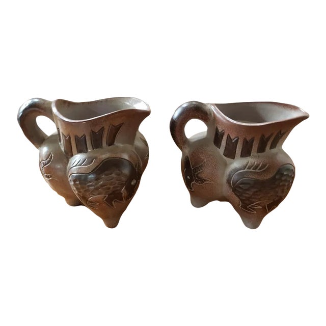 Pair of Vintage Handmade Clay Art Animal/Ram Motif Handled Pitchers For Sale