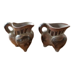 Pair of Vintage Handmade Clay Art Animal/Ram Motif Handled Pitchers