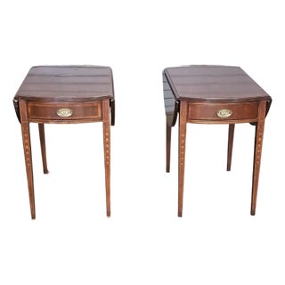 Pair of Ethan Allen Mahogany Pembroke Table Drop Leaf Table Bellflower Inlays For Sale