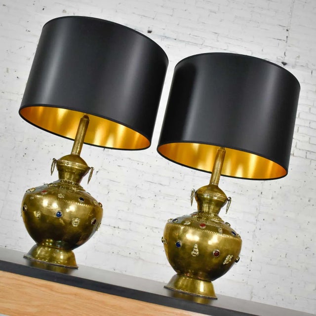 Mid 20th Century Tibetan Brass Lamps Hand Hammered With Glass Jewel Detail & New Black Shades, a Pair For Sale - Image 4 of 14