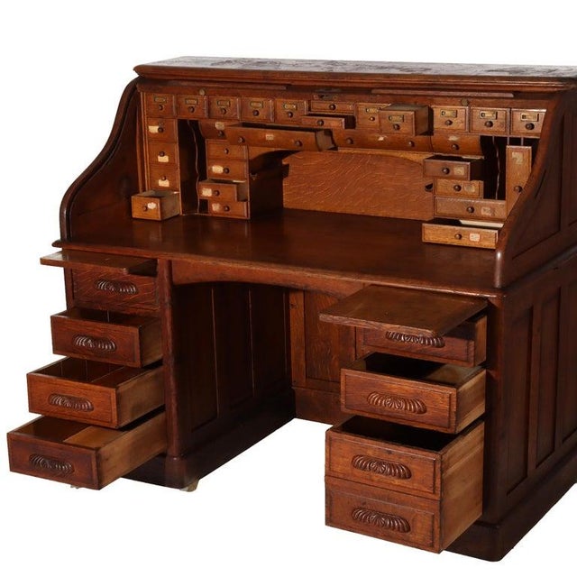 Arts & Crafts Antique Oak S-Roll Top Desk With Full Interior Unsigned C1900 For Sale - Image 3 of 6
