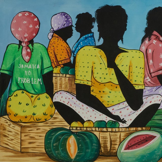 1990s Vintage Jamaican Folk Art Painting of a Market With Figures and Fruit by C. Pearson For Sale - Image 5 of 10