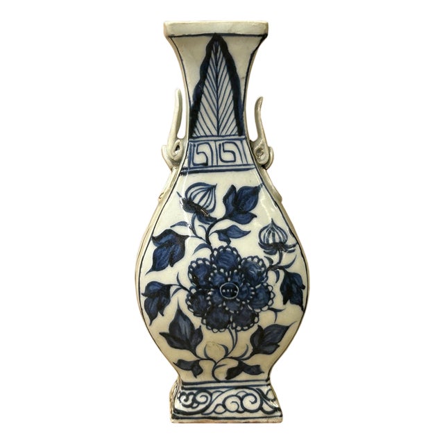 Small Distressed Finish Pear Shape Blue White Graphic Porcelain Vase For Sale