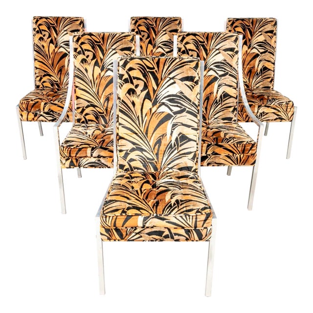 Midcentury Milo Baughman Chrome Jack Lenor Larsen Dining Chairs - Set of 6 For Sale