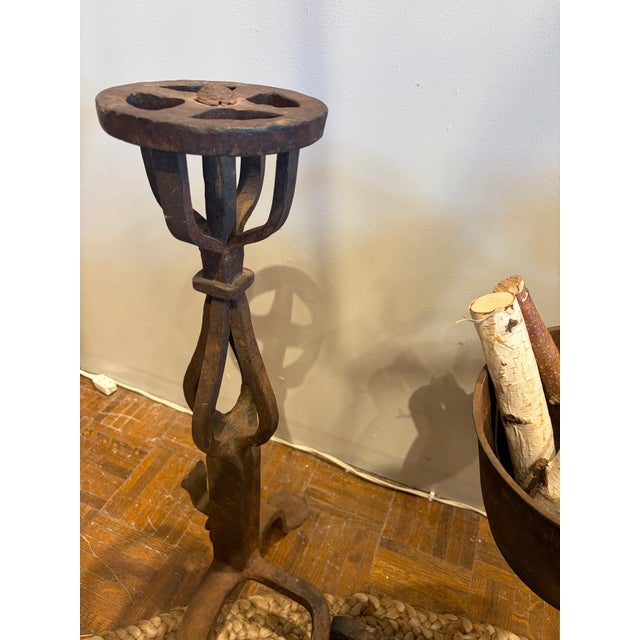 French Antique French Andirons With Bucket. Andirons Are Perfectly Upright and Straight. Photo Shows One Leg on and One Leg Off Area Rug. For Sale - Image 3 of 4