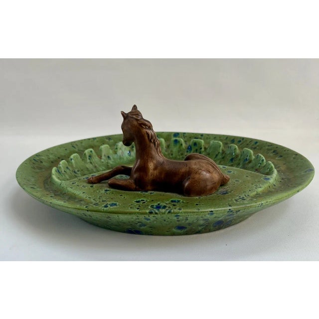Super fun, large 1950s hand-crafted and hand-painted ashtray with attached (3-D) horse. Unmarked, made in the USA. Circa,...