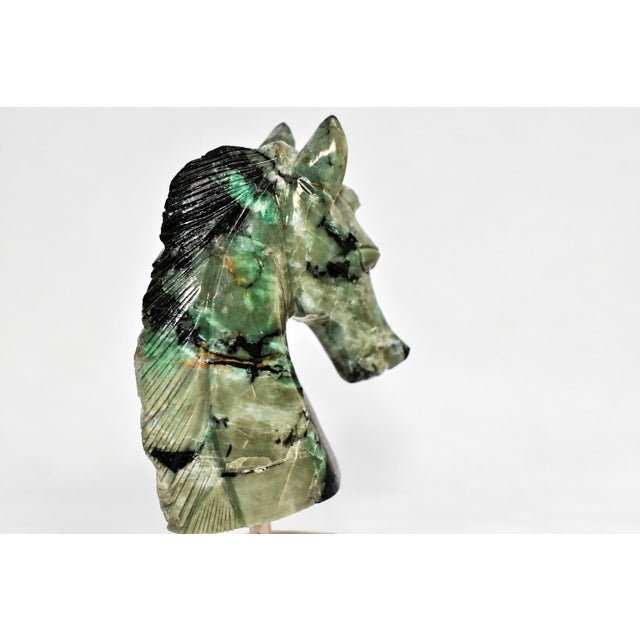Gemstone Emerald Horse Bust Sculpture Olive Black Hand Carved For Sale - Image 10 of 11