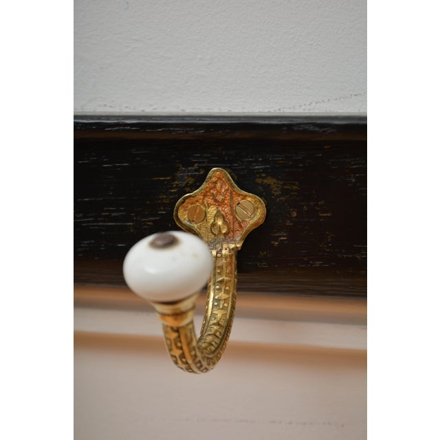 Brass and Ceramic Coat Hooks on Oak Backing Coat Rack, 1880 For Sale - Image 6 of 16