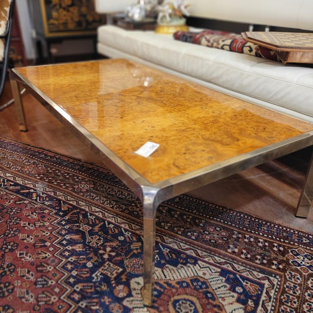 Coffee table, root wood and steel, Guy Lefevre style, 70's - France This spectacular coffee table, with clean and...