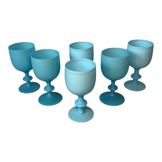 Vintage Portieux Vallerysthal Robin’s Egg Opaline Glass Goblets, France C1930s - Set of 6 For Sale