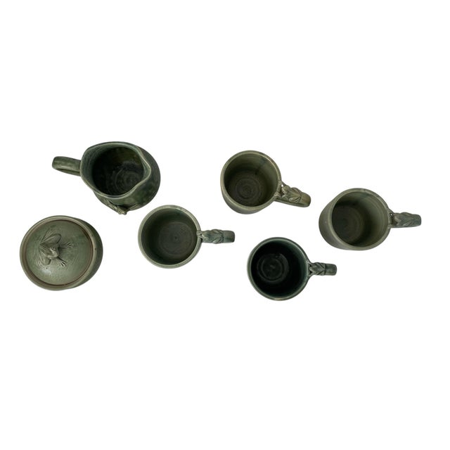 Studio Pottery 4 Green Frog Mugs, Sugar Bowl and Creamer. For Sale - Image 4 of 6