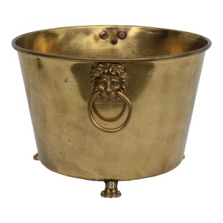 Mid to Late 19th Century Antique Brass Lionhead and Claw Footed Cachepot With Handles by Waterbury Brass For Sale