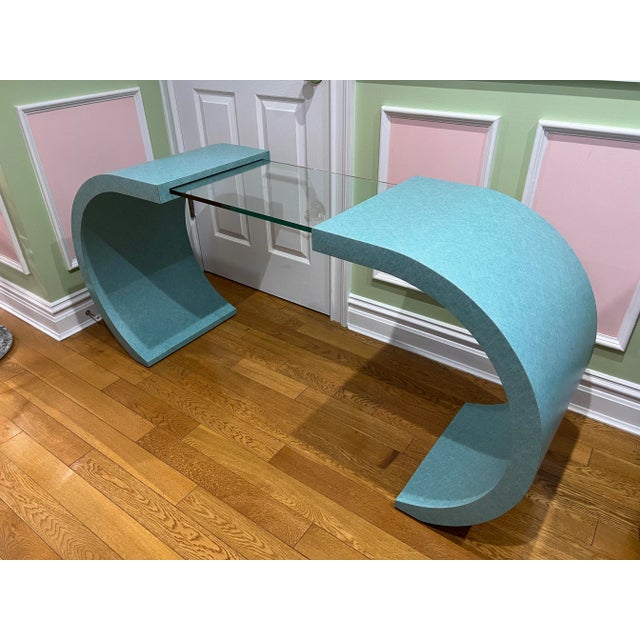 1980 Teal Blue Formica Glass Console Table, in Karl Springer Style For Sale - Image 12 of 12