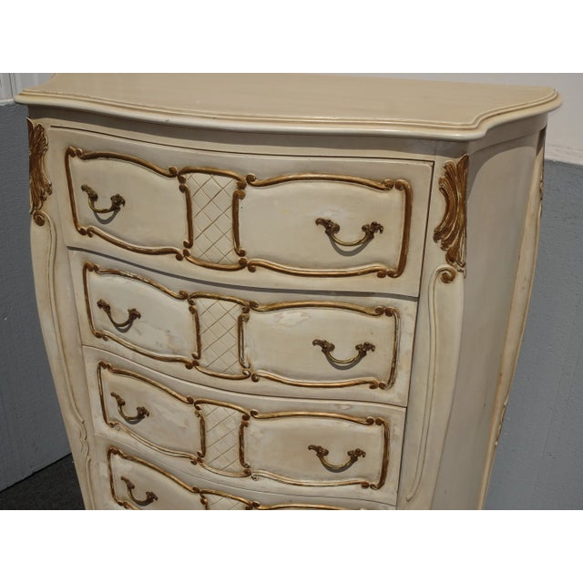 Vintage Tallboy Dresser French Country Off White With Gold Trim Chest of Drawers For Sale In Los Angeles - Image 6 of 13