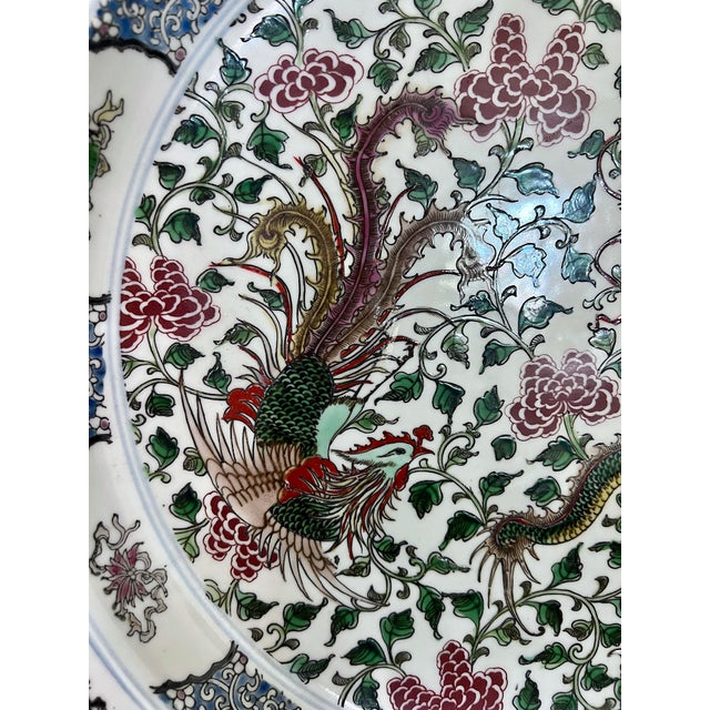The Green Dragon & Phoenix Charger, Large Chinese Porcelain Plate / Bowl 18" With Wood Display Stand For Sale In Tampa - Image 6 of 11