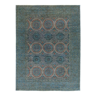 Blue Modern Mamluk Wool Rug With Geometric Design For Sale