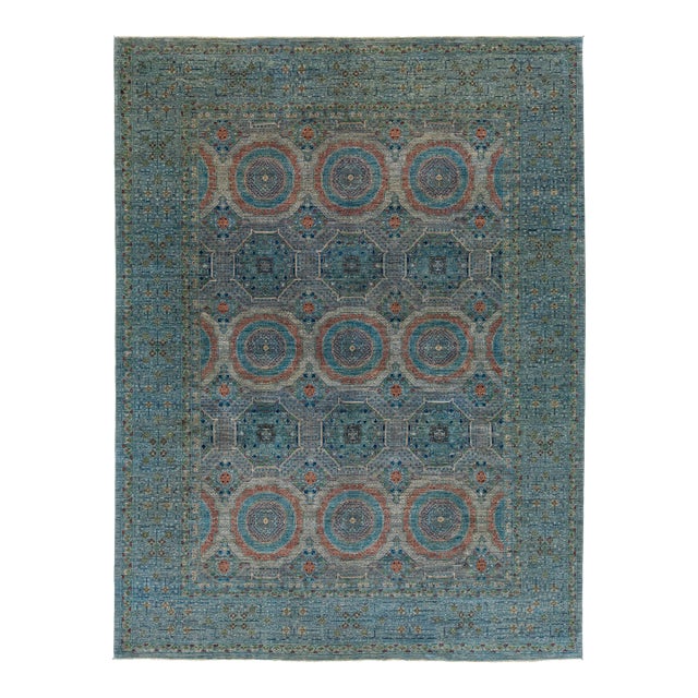 Blue Modern Mamluk Wool Rug With Geometric Design For Sale