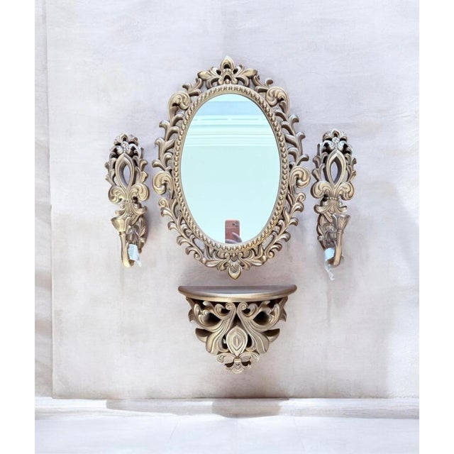 Art Nouveau Vintage Ornate Gold Wall Mirror Set With Shelf and Candleholders For Sale - Image 3 of 11