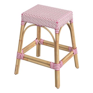 Robias 24.5 in. Seat Height Rectangular Rattan Backless Counter Stool with Footrest, White/Pink Dot/ Natural Rattan Frame For Sale