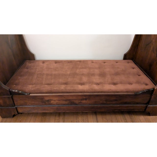 19th Century French Sleigh Bed Complete With Custom Velveteen Mattress, Back & End Pillows For Sale - Image 4 of 13