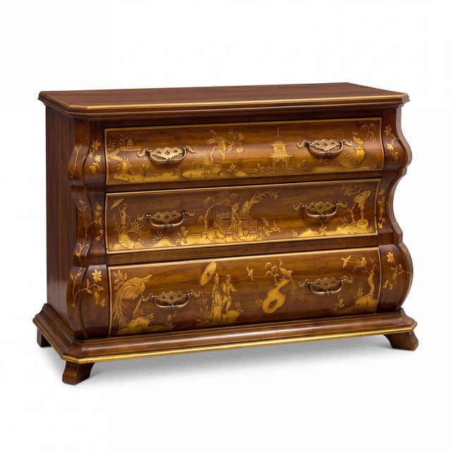 Wood Dutch Rococo Style Chinoiserie Walnut Serpentine Bombe Chest by White Furniture For Sale - Image 7 of 7