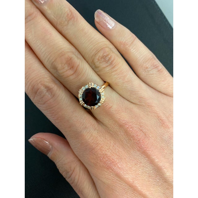 Metal Fancy Round Red Garnet Diamond Halo 18 Karat Rose Gold Cocktail Statement Ring, Size 6.5 For Sale - Image 7 of 8