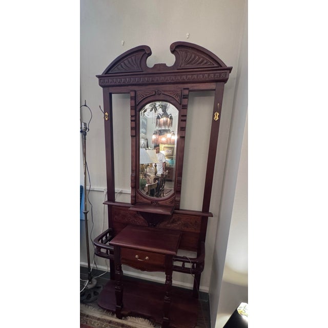 Brown Antique Mahogany Hall Tree With Oval Mirror For Sale - Image 8 of 8