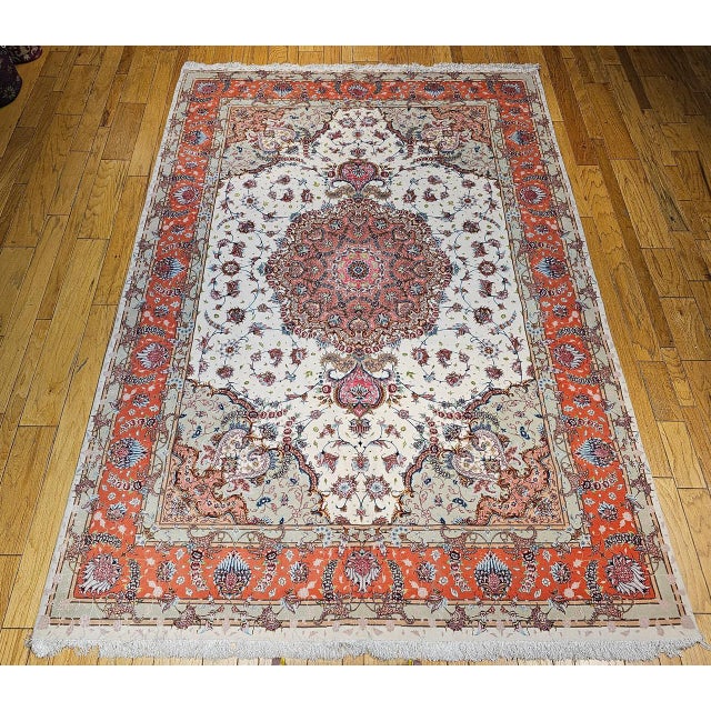 Vintage Persian Tabriz Rug, Hand-Knotted Wool & Silk, Floral Pattern, Ivory & Pink, 8x12 For Sale - Image 14 of 18