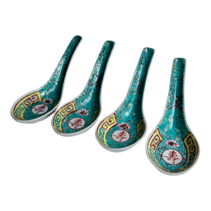 Vintage Porcelain Hand Painted Chinoiserie Chinese Longevity Spoons- Set of 4