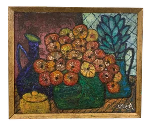 Mid 20th Century "Floral Display" Folk Art Style Still Life Oil Painting by Bea Haverbusch, Framed