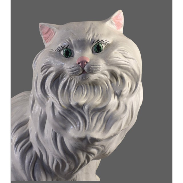 White Vintage Ceramic Life Size White Green Eyes Cat Figurine 14'' High For Sale - Image 8 of 10