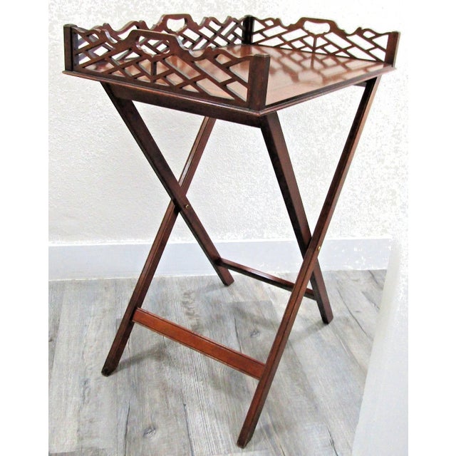 1920s Antique Pierced Mahogany Baker Furniture Butler Tray and Folding Stand For Sale - Image 10 of 18