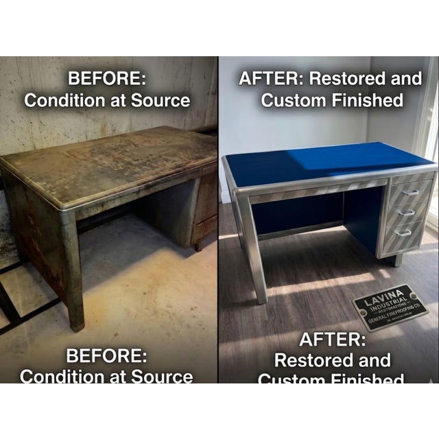 An exceptional mid-century General Fireproofing (GF) industrial steel tanker desk, custom-finished in raw, stripped steel...