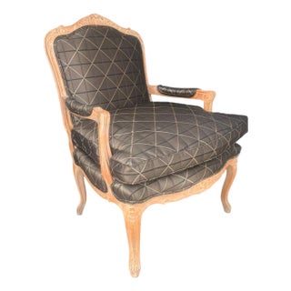 Vintage Louis XV Style Carved Wood Bergère Chair in Black & Cream Geometric Fabric For Sale