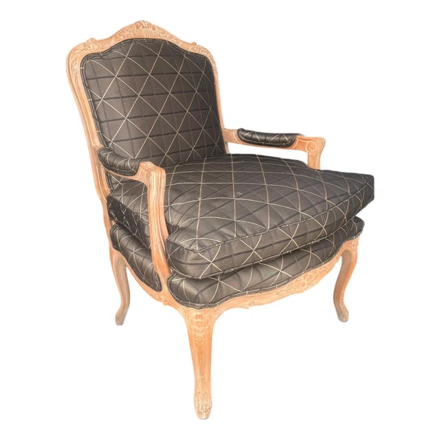Vintage Louis XV Style Carved Wood Bergère Chair in Black & Cream Geometric Fabric For Sale