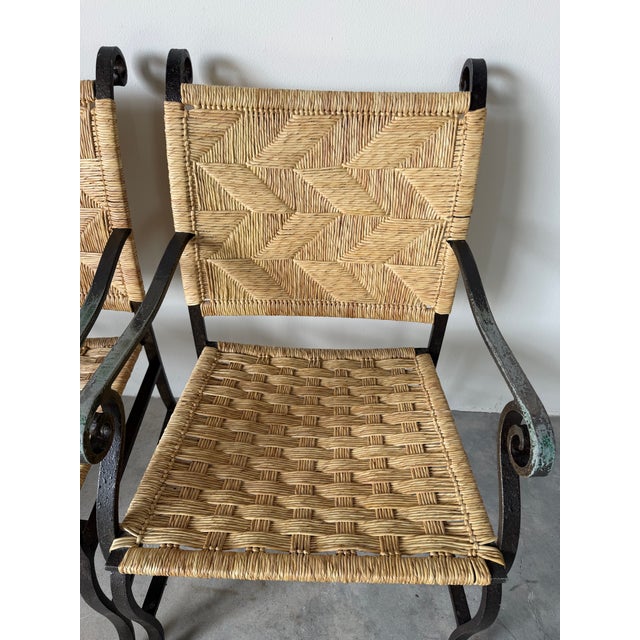 1990s Organic Modern Hand-Wrought Iron & Woven Raffia Armchairs – Set of 4 For Sale - Image 5 of 13