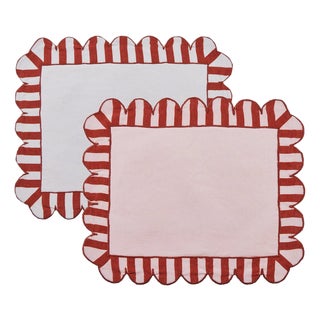 Jardin Embroidered Linen Scalloped Stripe Placemats with Color Backing in Red, Set of 4 For Sale