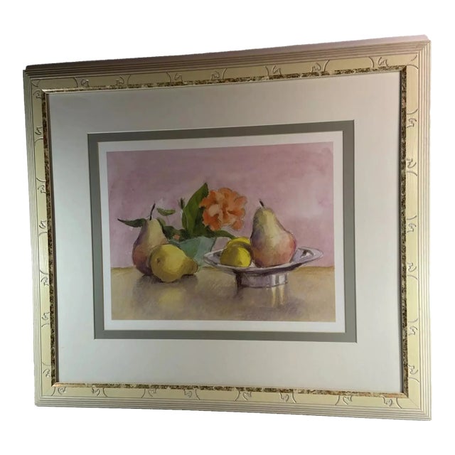 Watercolor Art Print Still Life Framed William Buffet Hibiscus and Pears Ethan Allan For Sale