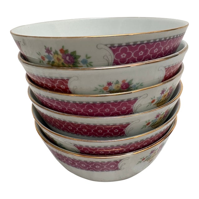 Midcentury Porcelain Ceramic Asian Floral Soup Bowls For Sale