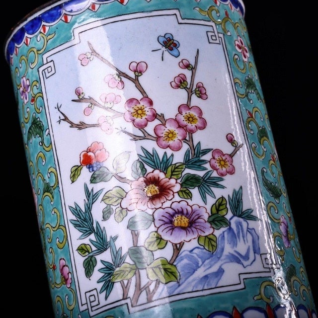 Turquoise Vintage Enamel on Copper Brush Pot With Floral & Butterfly Motifs – Qing Style For Sale - Image 8 of 9