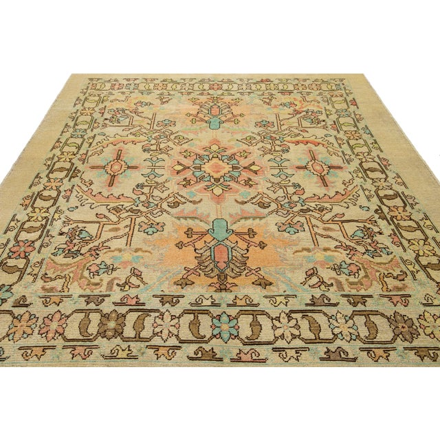 Textile Contemporary Revival Wool Rug Handmade in Tan With Allover Floral Pattern For Sale - Image 7 of 11