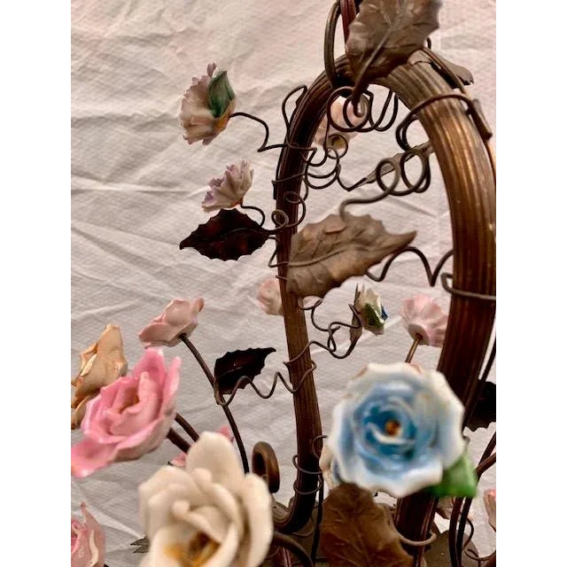 1960s Small French Cast Brass Basket Light With Original Porcelain Flowers. For Sale - Image 5 of 13